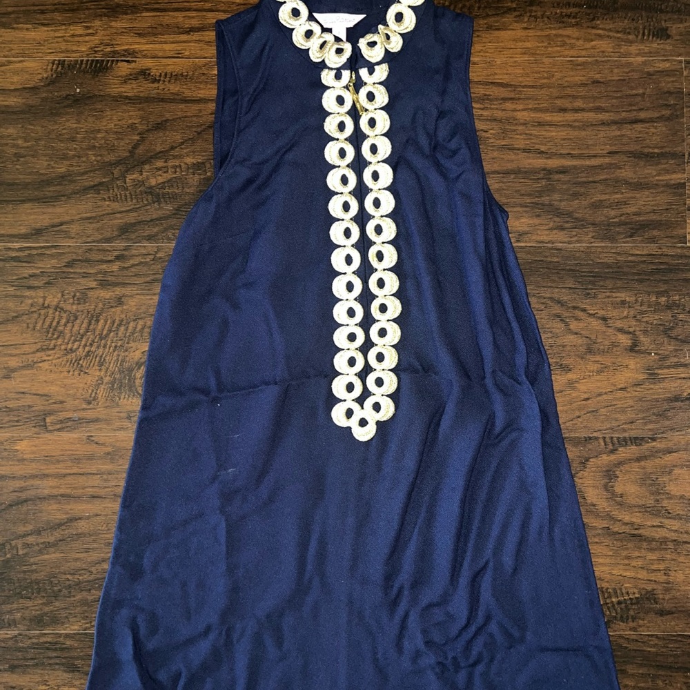 Lilly Pulitzer True Navy Gold Zip Up Jane Shift Dress size 2 EUC